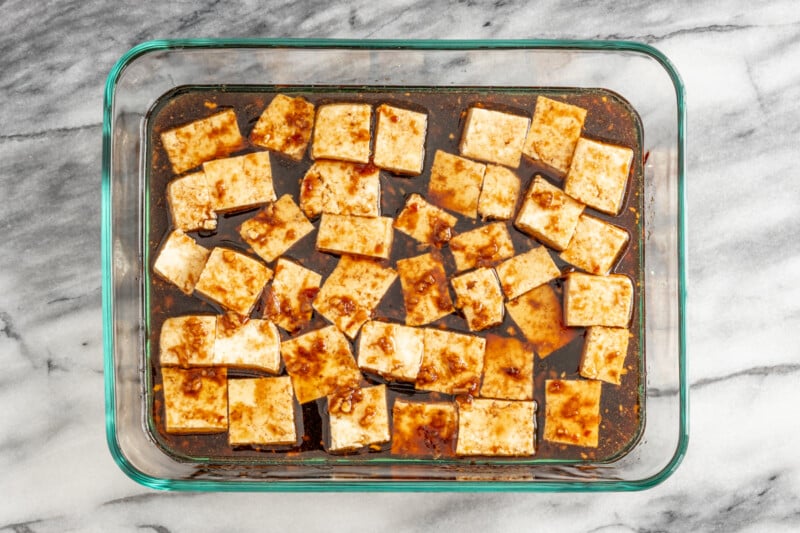 Marinating the tofu for air frying.