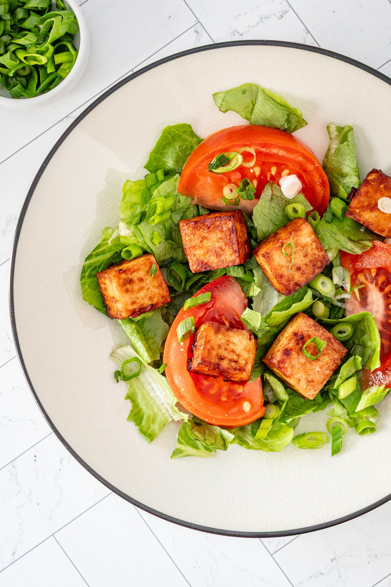 Air fried tofu cubes on lettuce with tomatoes and green onions.