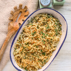 Pasta with anchovy butter in a serving dish, ready to enjoy.
