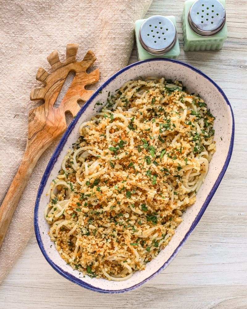 Pasta with anchovy butter in a serving dish, ready to enjoy.