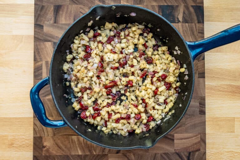 Filling for stuffed pork loin, in a skillet.