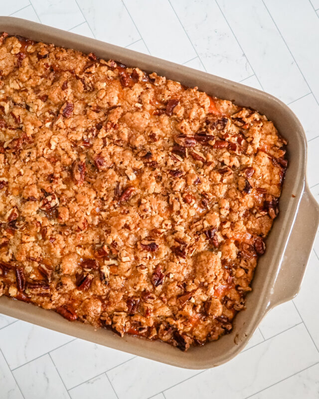 Sweet potato casserole in a baking dish.