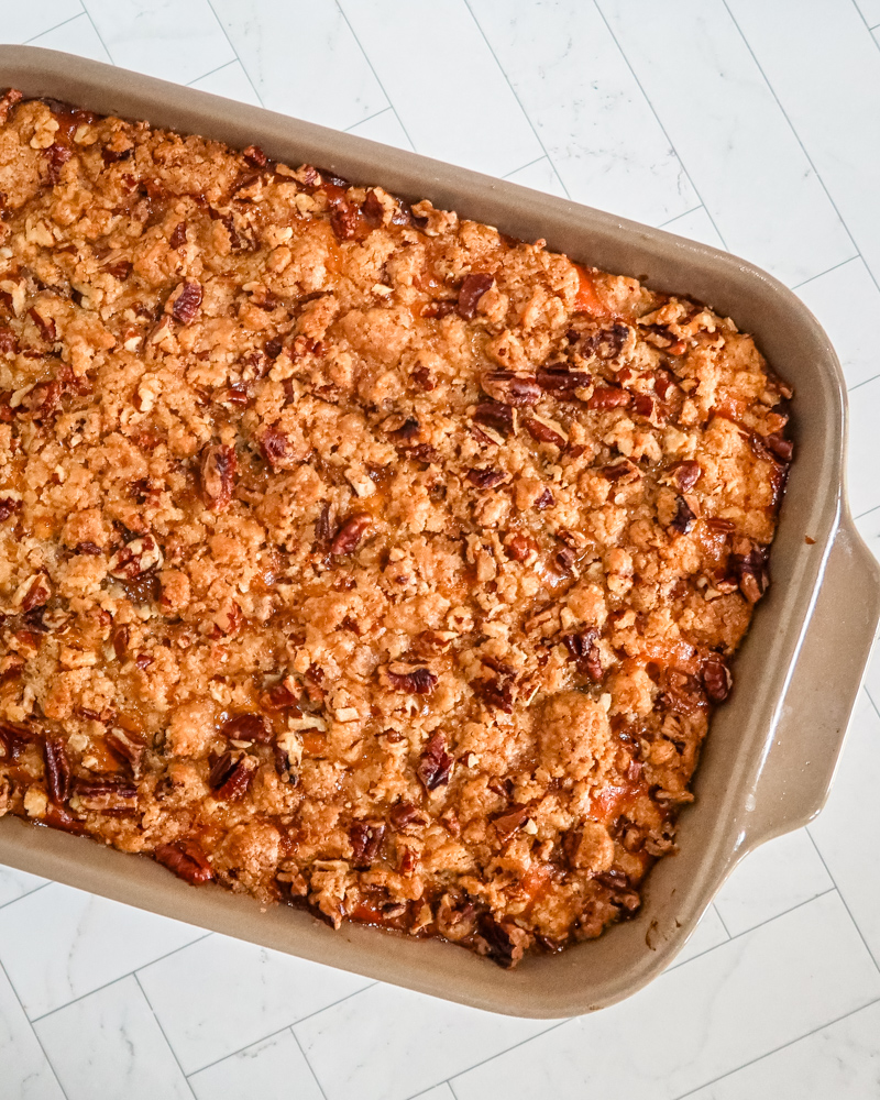 Sweet potato casserole in a baking dish.