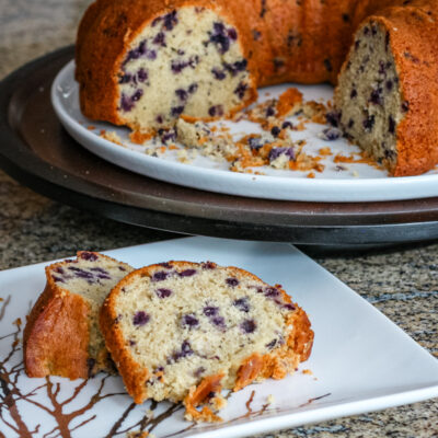 A sliced blueberry bundt cake.