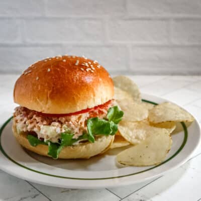 A sandwich made with homemade brioche buns with chips on the side.