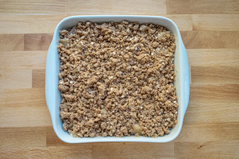 Baking dish with apple crisp.