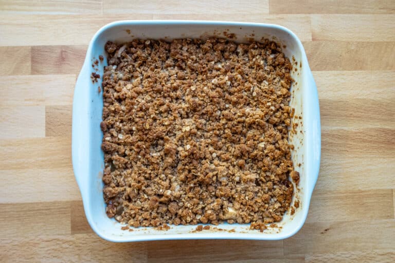 Baking dish with baked apple crisp.
