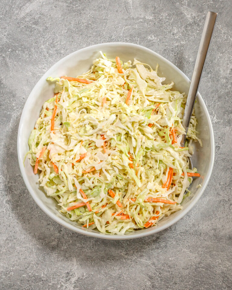 a serving bowl with classic creamy coleslaw for classic-recipes.com