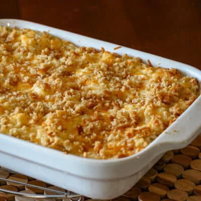 A baking dish of hash brown casserole.