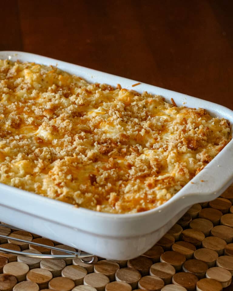 A baking dish of hash brown casserole.