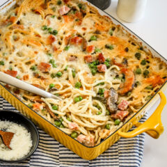 Ham tetrazzini in the baking dish being served.