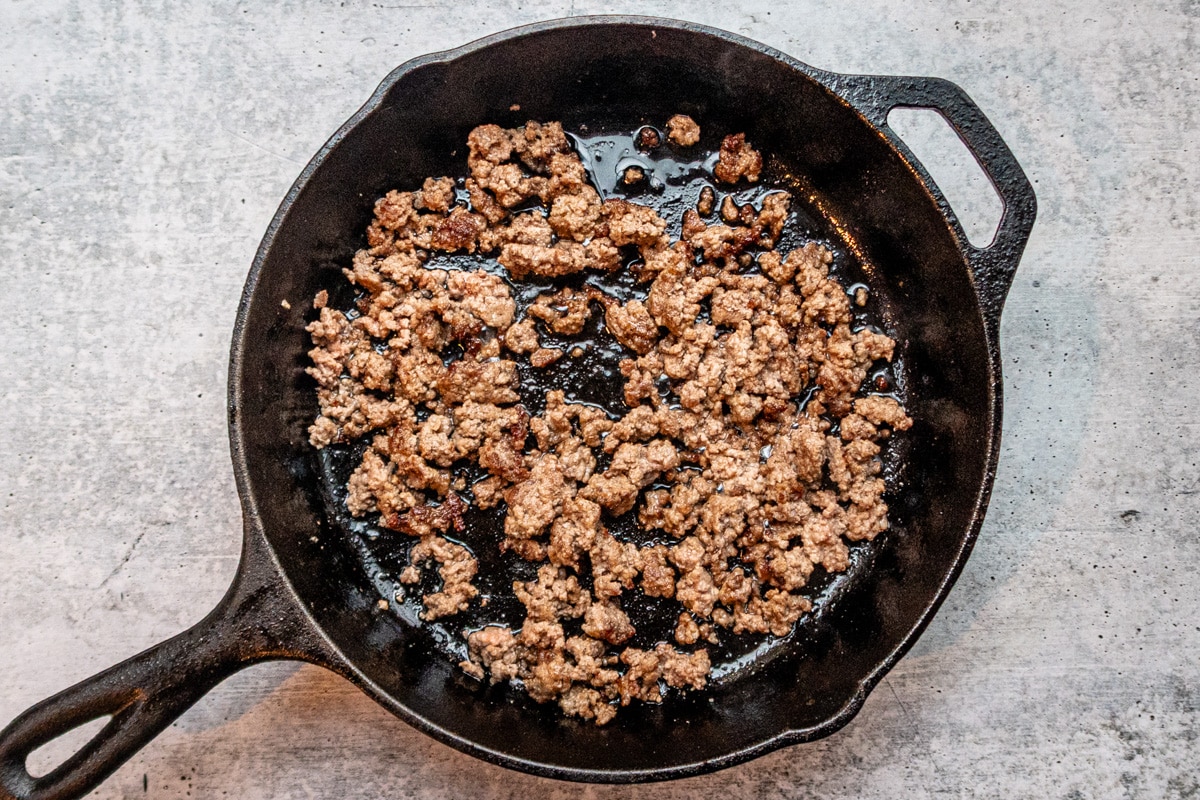 Browned ground beef for lazy lasagna.