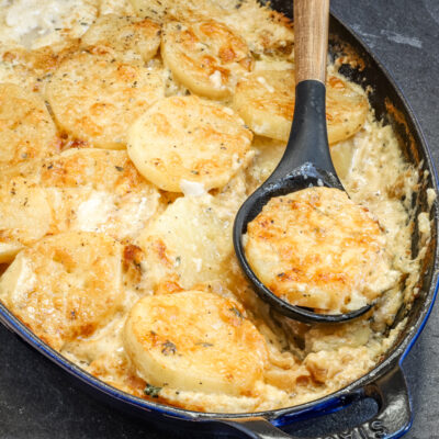 Potato gratin with caramelized onions and gruyere cheese.