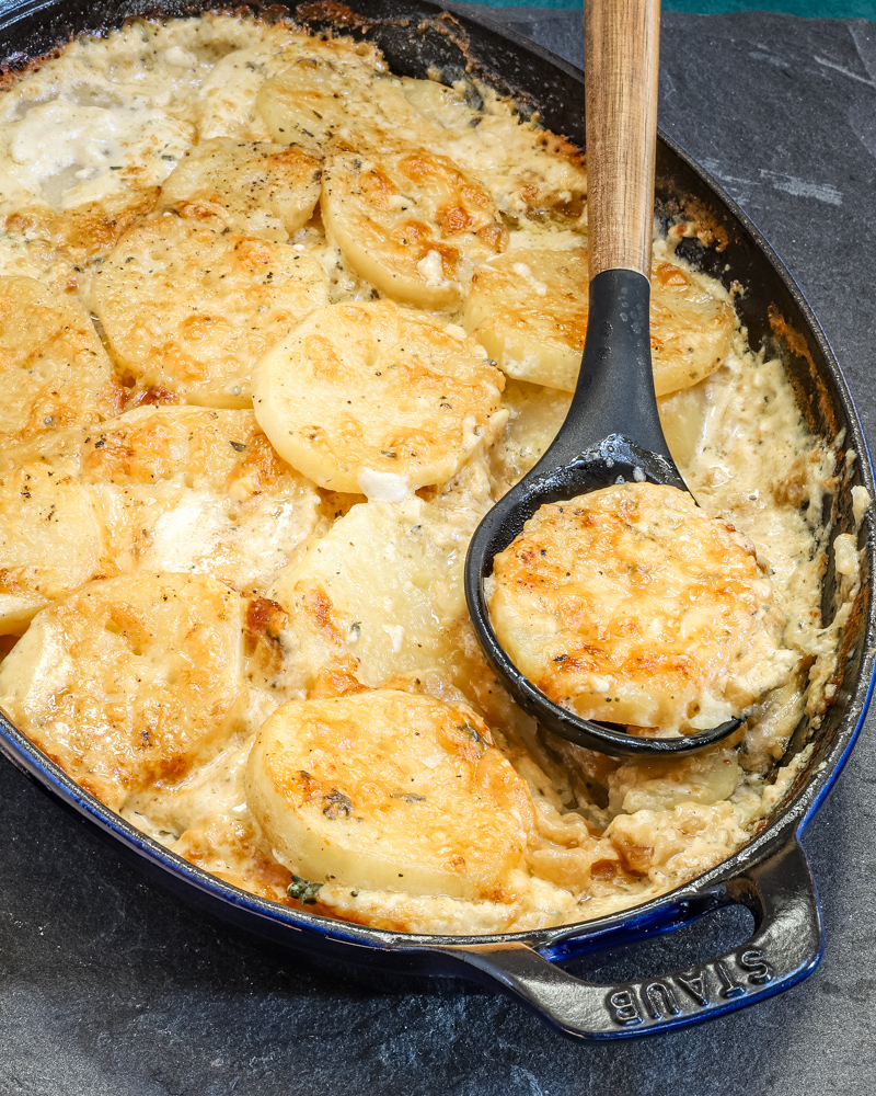 Potato gratin with caramelized onions and gruyere cheese.