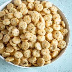 Ranch oyster crackers snack in a large serving bowl.