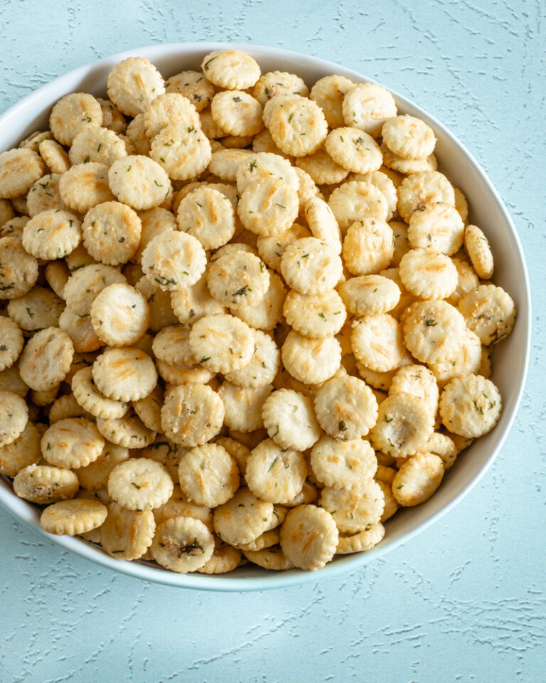 Ranch oyster crackers snack in a large serving bowl.