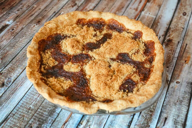 Shoo-fly pie baked in a pie plate.
