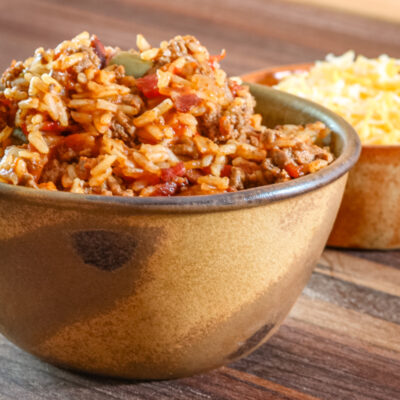 Skillet Spanish rice in a bowl.