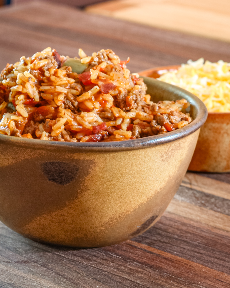 Skillet Spanish rice in a bowl.