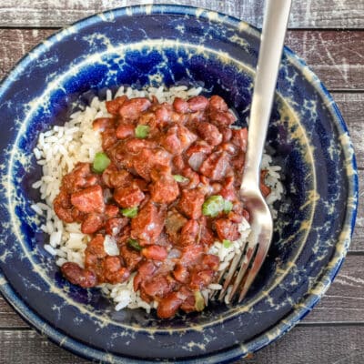 Slow cooker red beans and rice in a serving bowl.