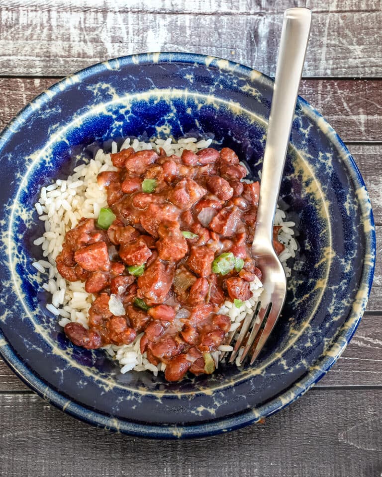 Slow cooker red beans and rice in a serving bowl.