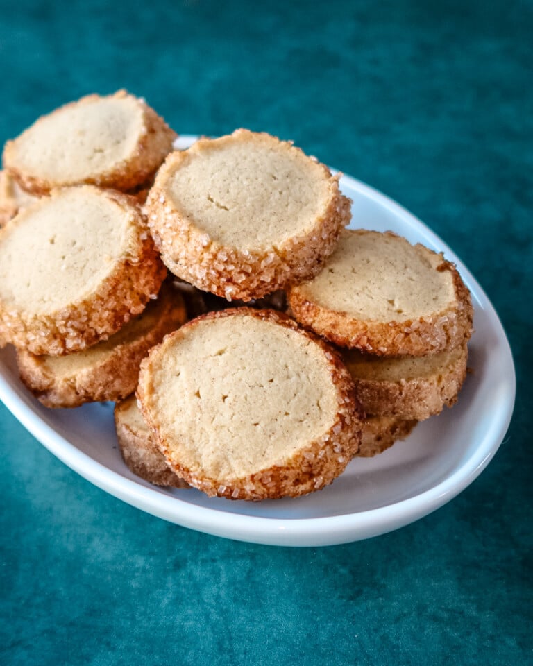 A plate of sable style snickerdoodle cookies.