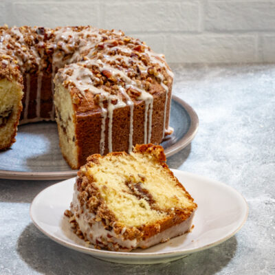 sour cream coffee cake with cinnamon streusel filling and topping