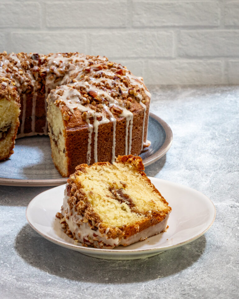 sour cream coffee cake with cinnamon streusel filling and topping