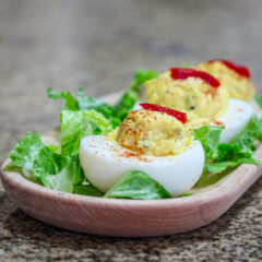 Southern deviled eggs on a serving tray