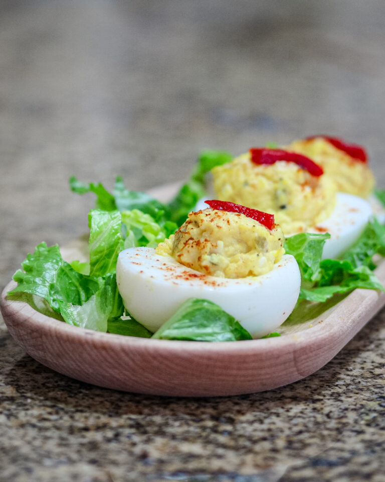 Southern deviled eggs on a serving tray