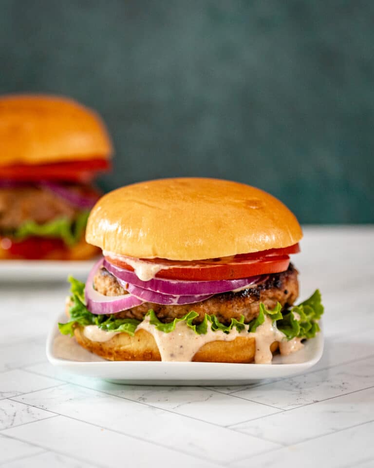 Turkey burger on a small plate with lettuce, tomato, and red onion rings.