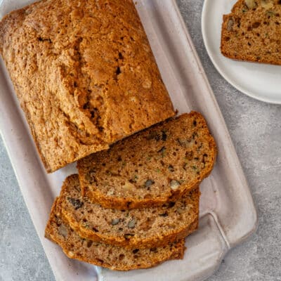 Sliced loaf of zucchini bread.