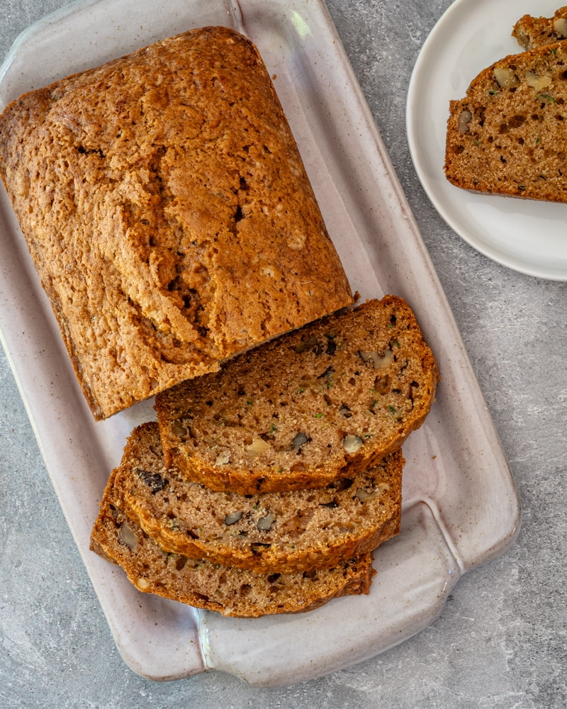 Sliced loaf of zucchini bread.