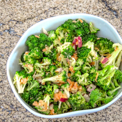 Broccoli salad with miso dressing and sesame seeds.