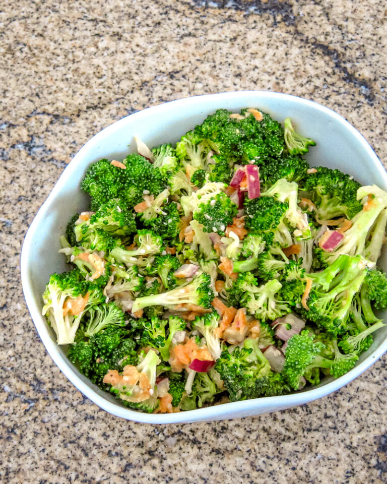 Broccoli salad with miso dressing and sesame seeds.