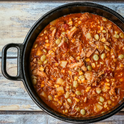 A large pot of Brunswick stew.