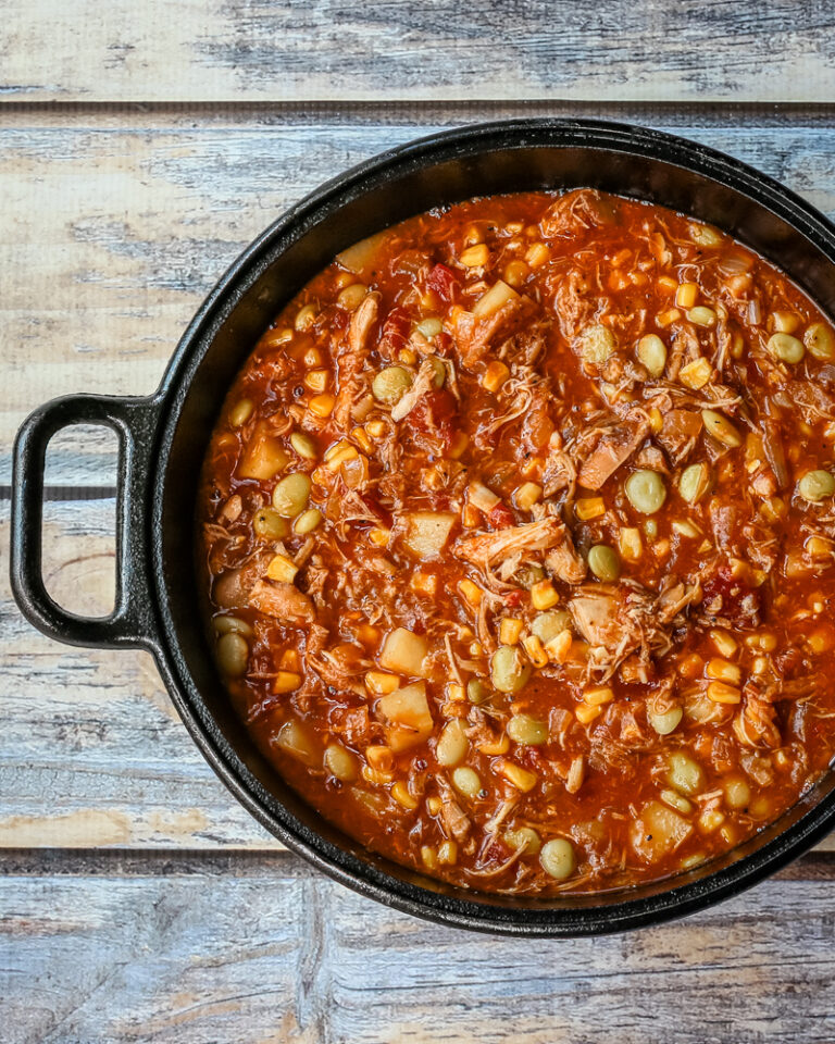 A large pot of Brunswick stew.