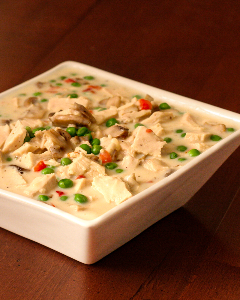 A serving bowl with creamed chicken.