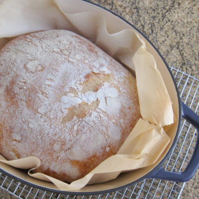 no-knead dutch oven bread in the baking pan