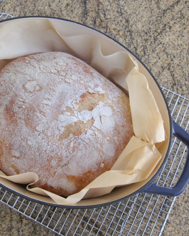 no-knead dutch oven bread in the baking pan