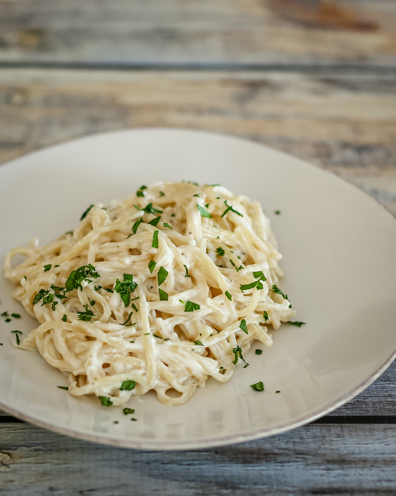easy pasta alfredo on a plate
