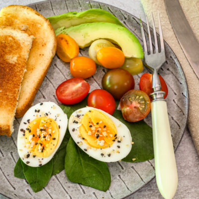 everything bagel seasoning sprinkled over hard boiled eggs.