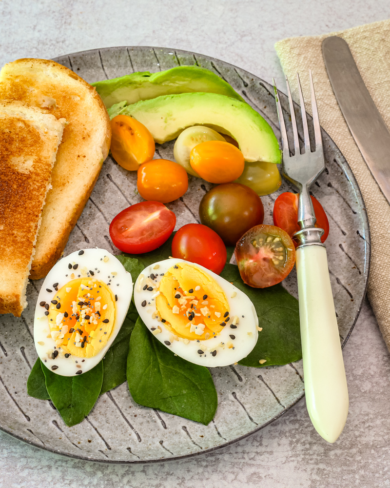everything bagel seasoning sprinkled over hard boiled eggs.