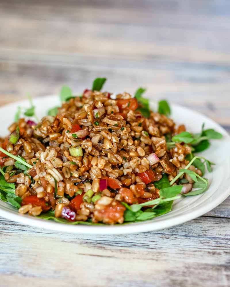 farro salad with tomatoes on a plate with pea shoots