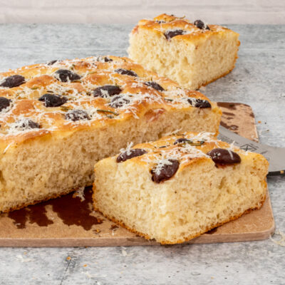 olive focaccia with parmesan cheese