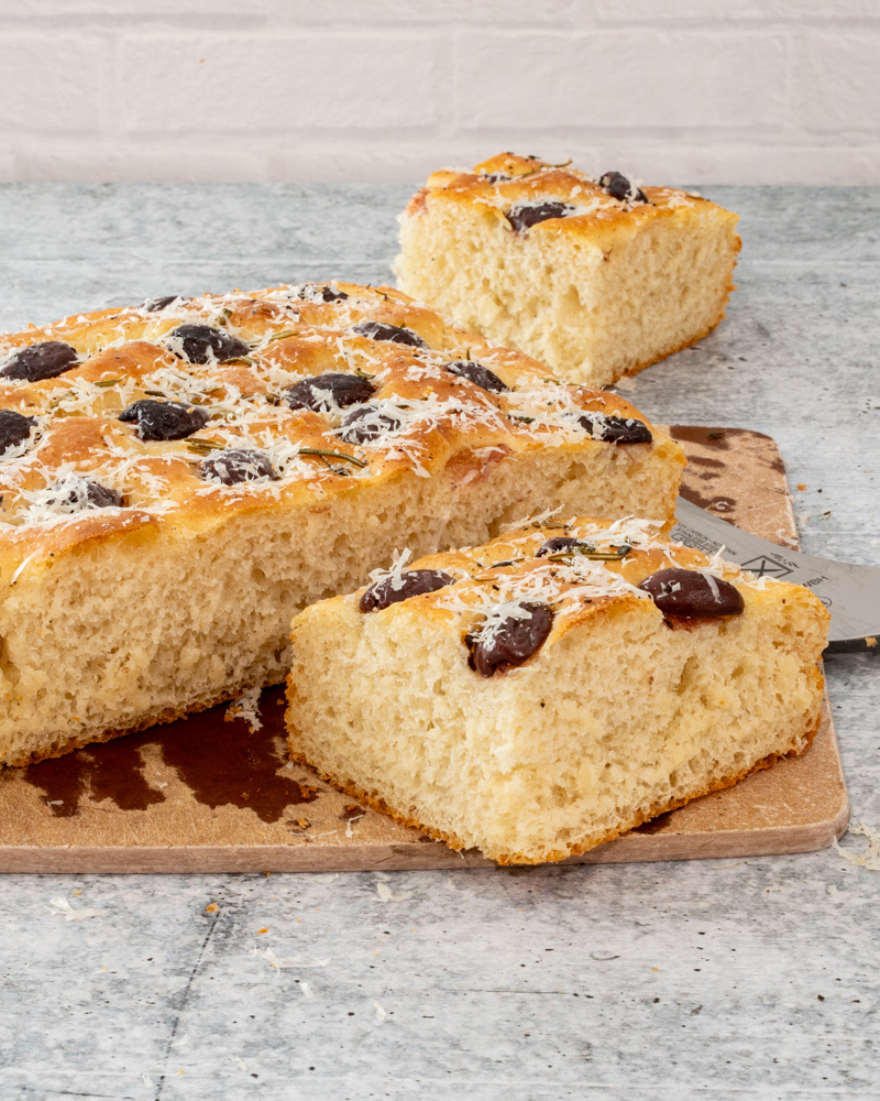 olive focaccia with parmesan cheese