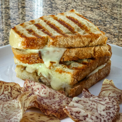 A grilled mushroom and fontina cheese sandwich on a plate with chips.