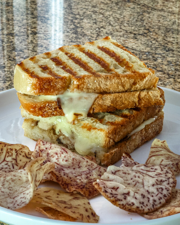 A grilled mushroom and fontina cheese sandwich on a plate with chips.