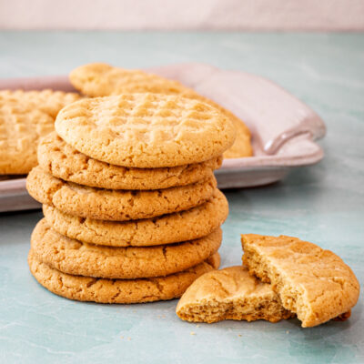 A stack of gluten-free peanut butter cookies.