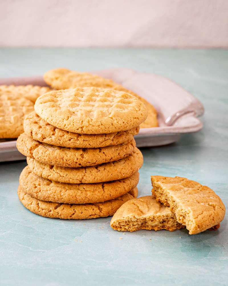 A stack of gluten-free peanut butter cookies.